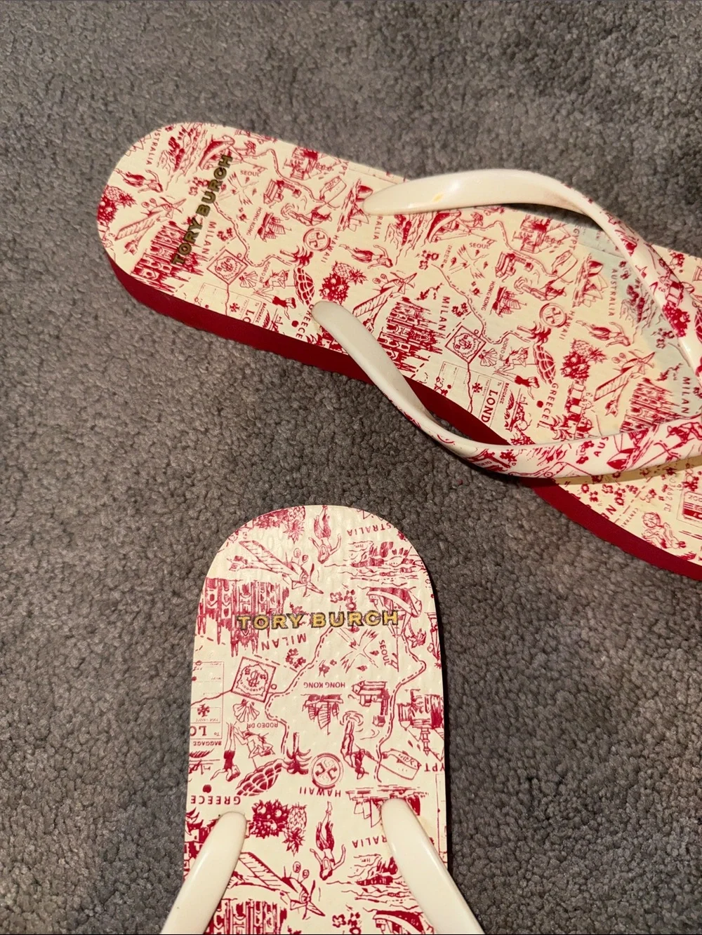 Tory Burch Cream & Red Printed Logo Flip Flops